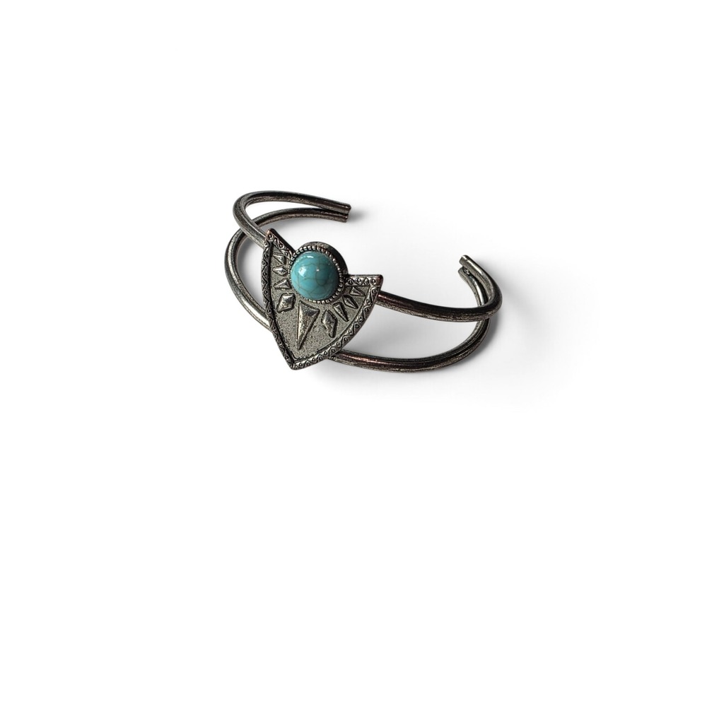 Vintage Boho Southwestern Turquoise Shield Cuff Bracelet Silver Tone Statement - Picture 4 of 6